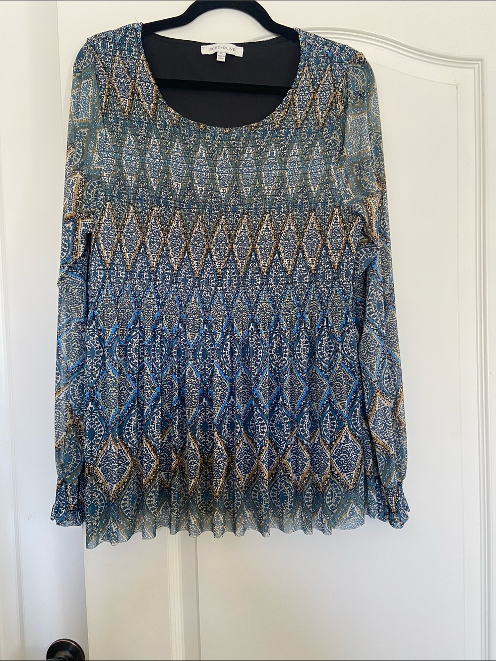 Rose & Olive Blue and Tan Printed Long-Sleeve Blouse